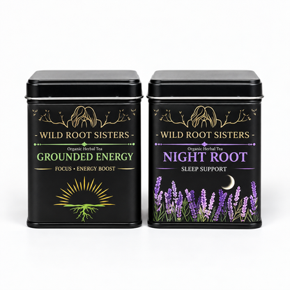 Wild Root Sisters Rise &amp; Rest gift set: Grounded Energy and Night Root herbal tea tins on white