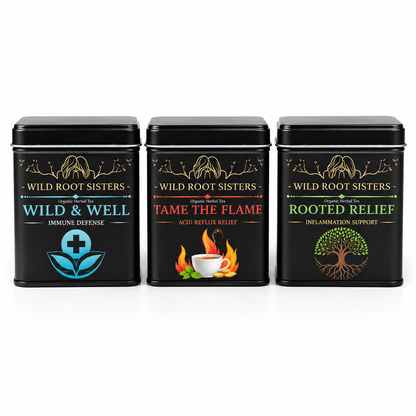 Wild Root Sisters Everyday Wellness Trio: Wild &amp; Well, Tame the Flame and Rooted Relief herbal tea tins on white