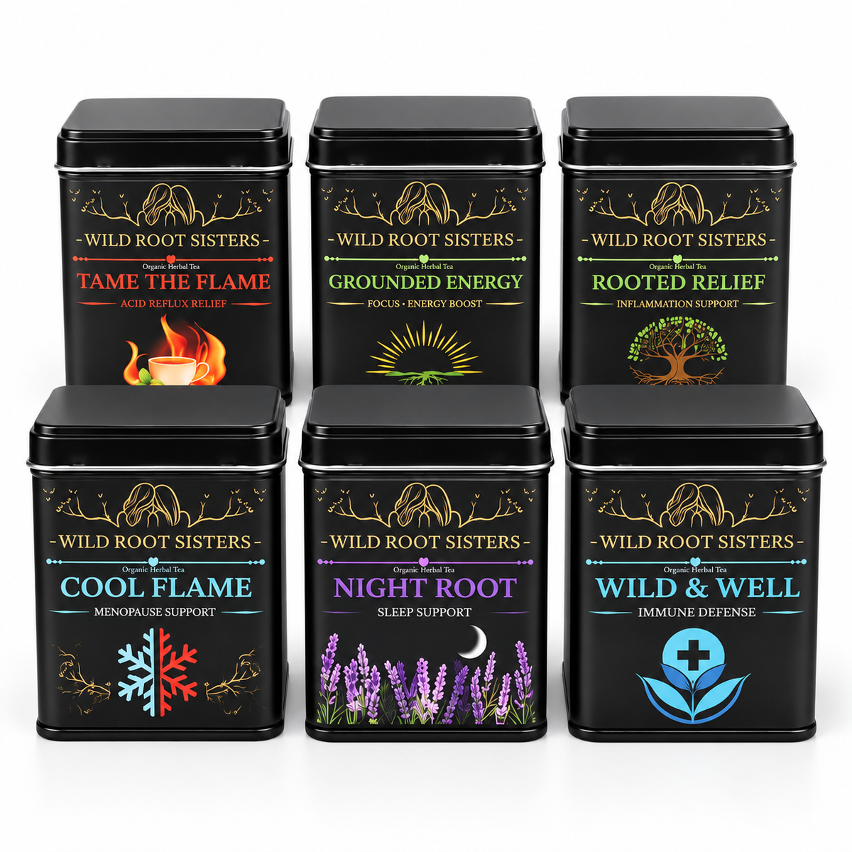 Wild Root Sisters Full Collection: all six herbal tea tins on white